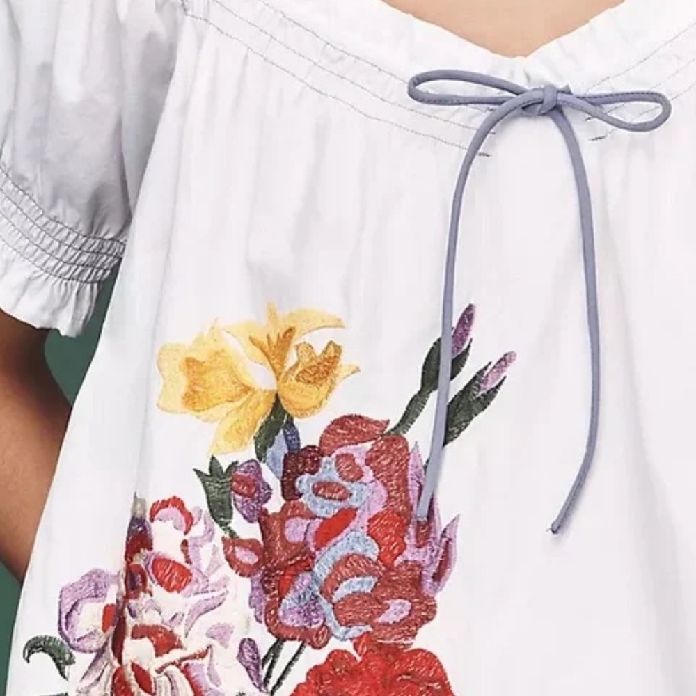 By Anthropologie Puff-Sleeve Tie-Front Embroidered Blouse Sz 1X - Picture 3 of 7